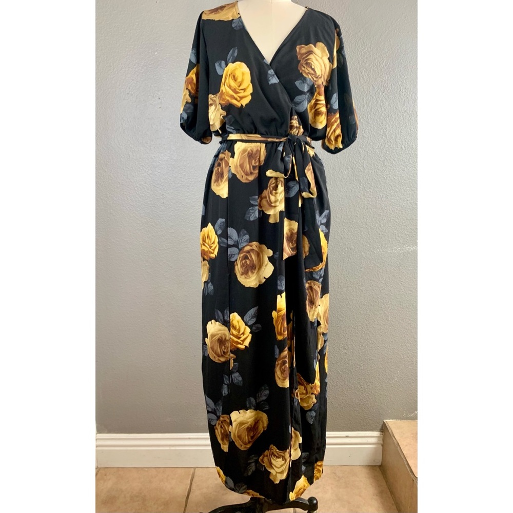 Lilian black maxi w/ yellow floral roses tie waist